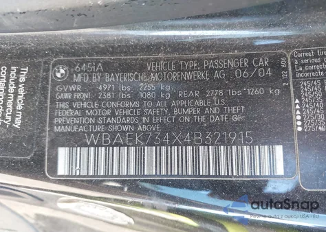 2004 BMW 645Ci z USA, uszkodzony, nr VIN WBAEK734X4B321915